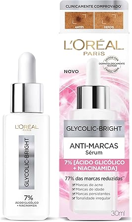 L'Oréal Paris Glycolic Bright Sérum Facial Anti-Marcas, com Ácido Glicólico e Niacinamida, Reduz Marcas de Acne e Idade, Uniformiza o Tom e a Textura da Pele, 30ml