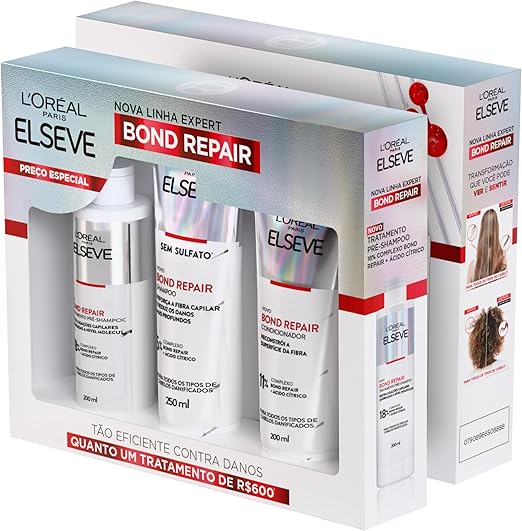 L'Oréal Paris Elseve Bond Repair Kit Tratamento Completo Reparação Molecular com Ácido Cítrico, Reconstrói Ligações e Devolve Força aos Cabelos Danificados (Pré-Shampoo + Shampoo + Condicionador)